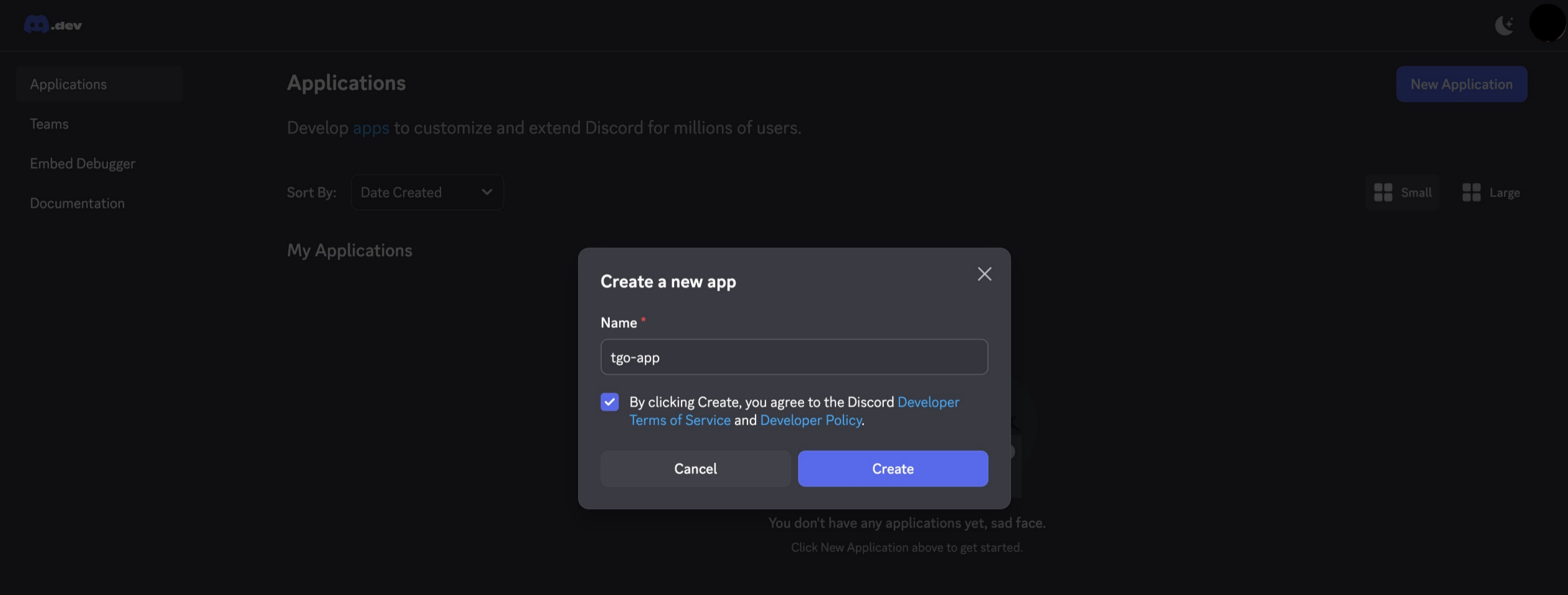 Create new Discord application - step 1.2