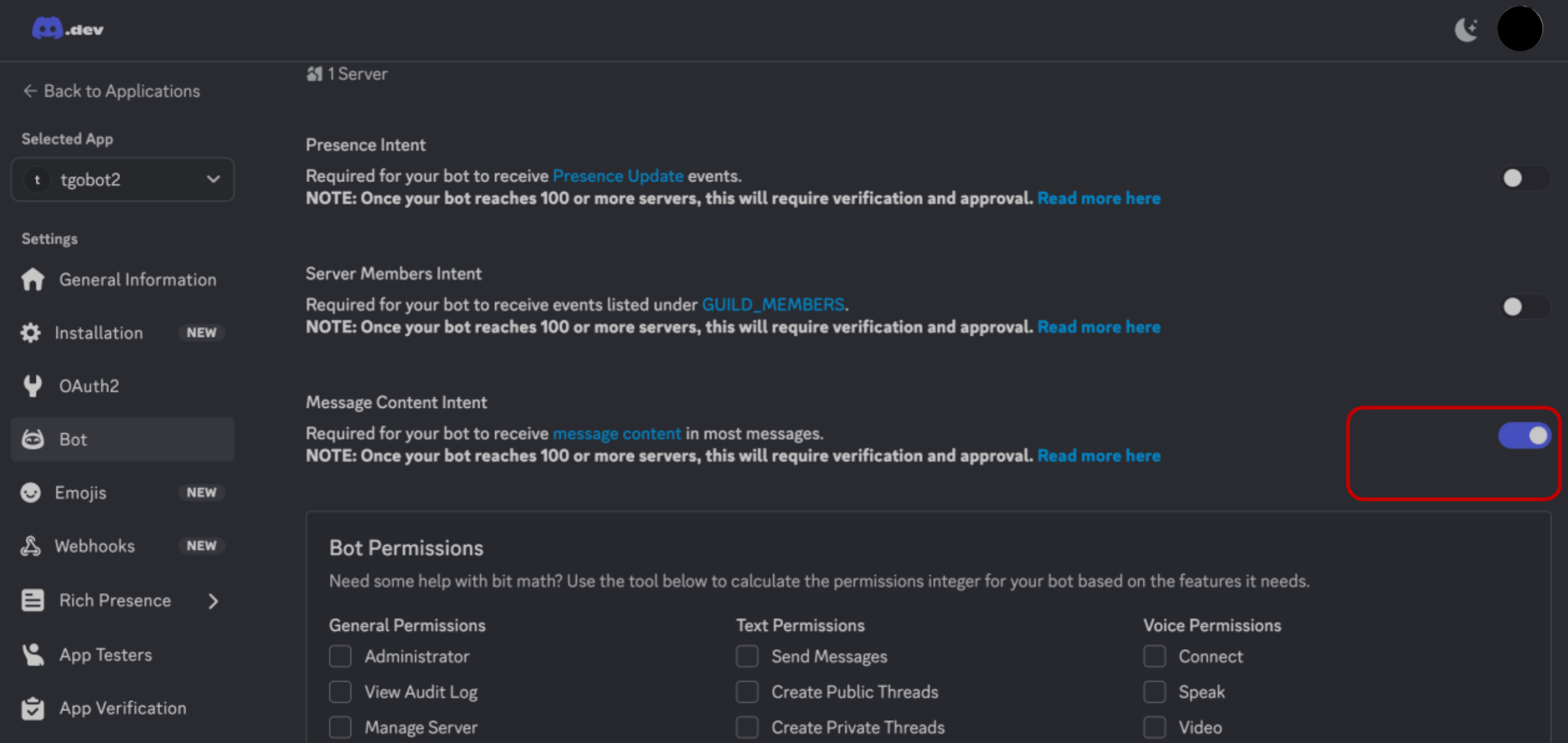 Enable message content intent - step 2.3