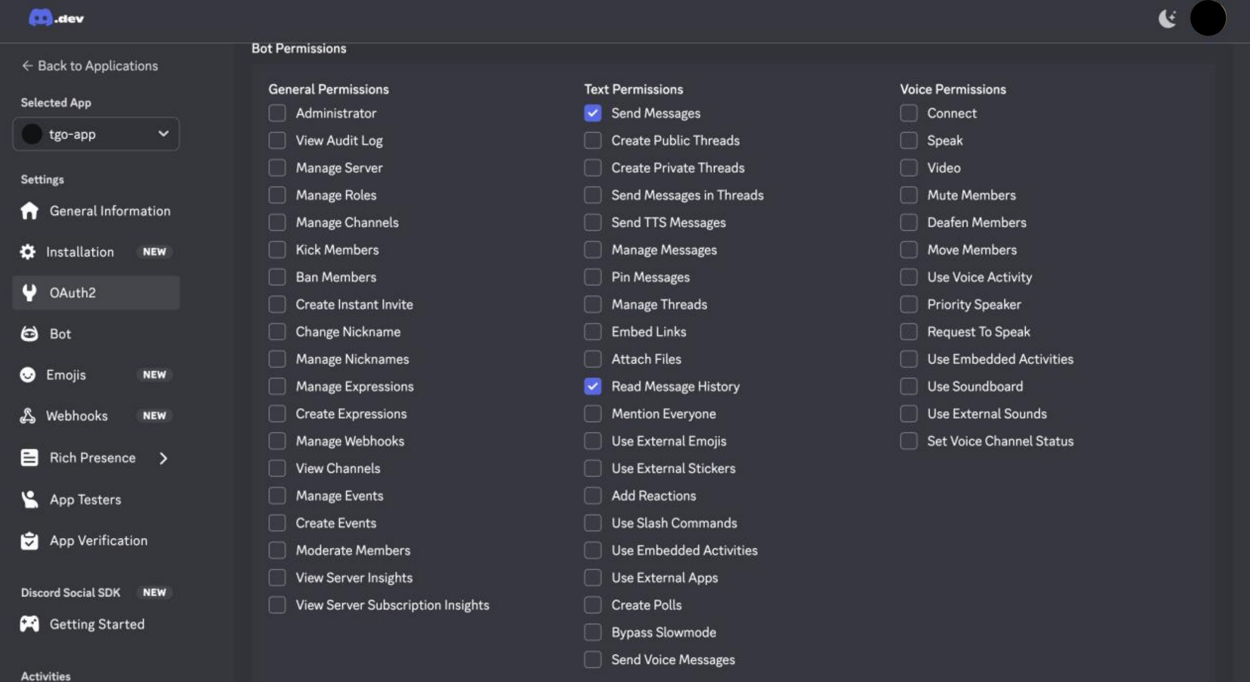 Scopes and bot permissions - step 3.2