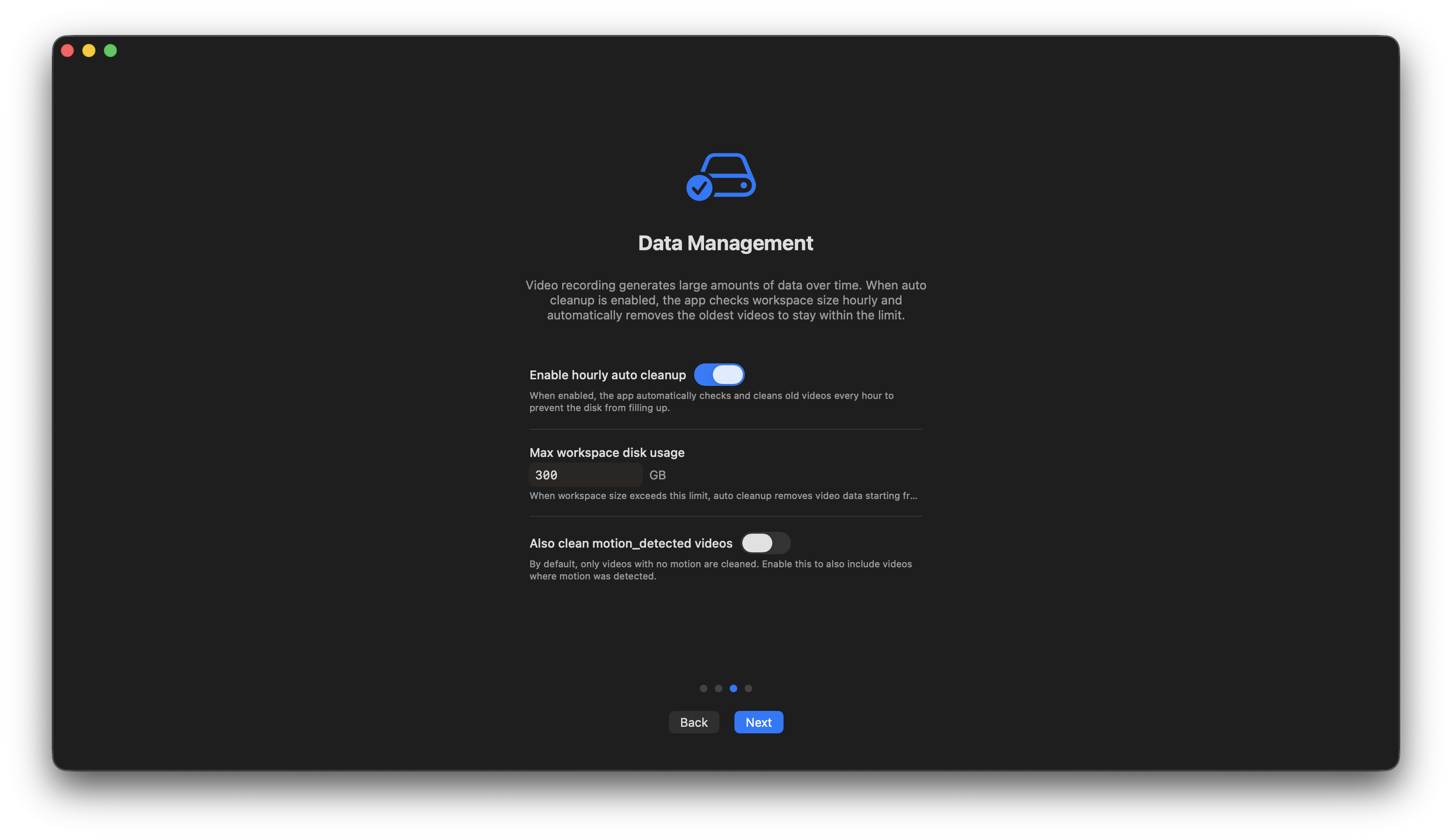 Data management settings for auto cleanup