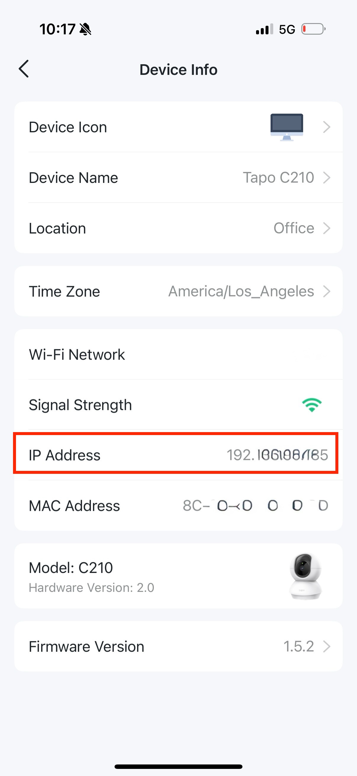 Camera IP address and MAC address