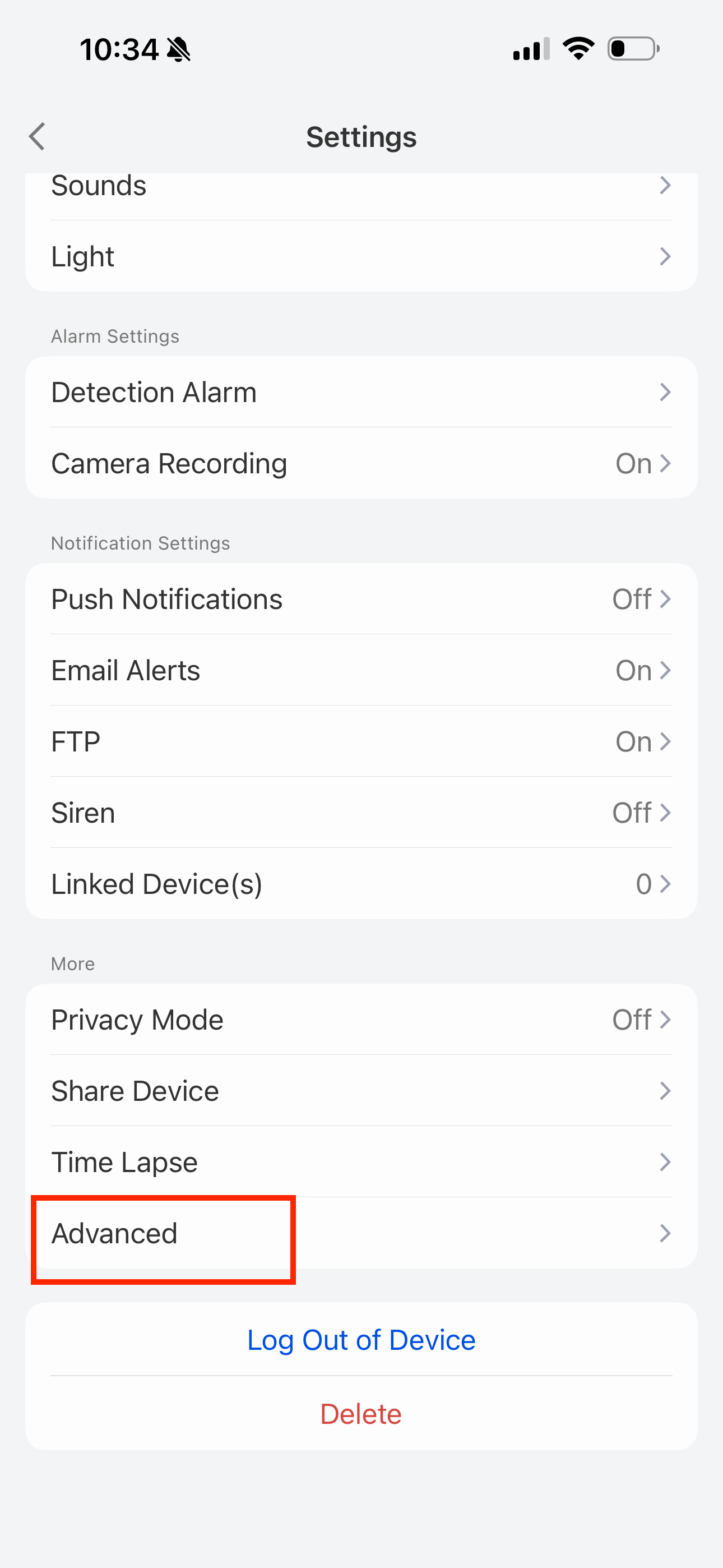 Advanced settings entry