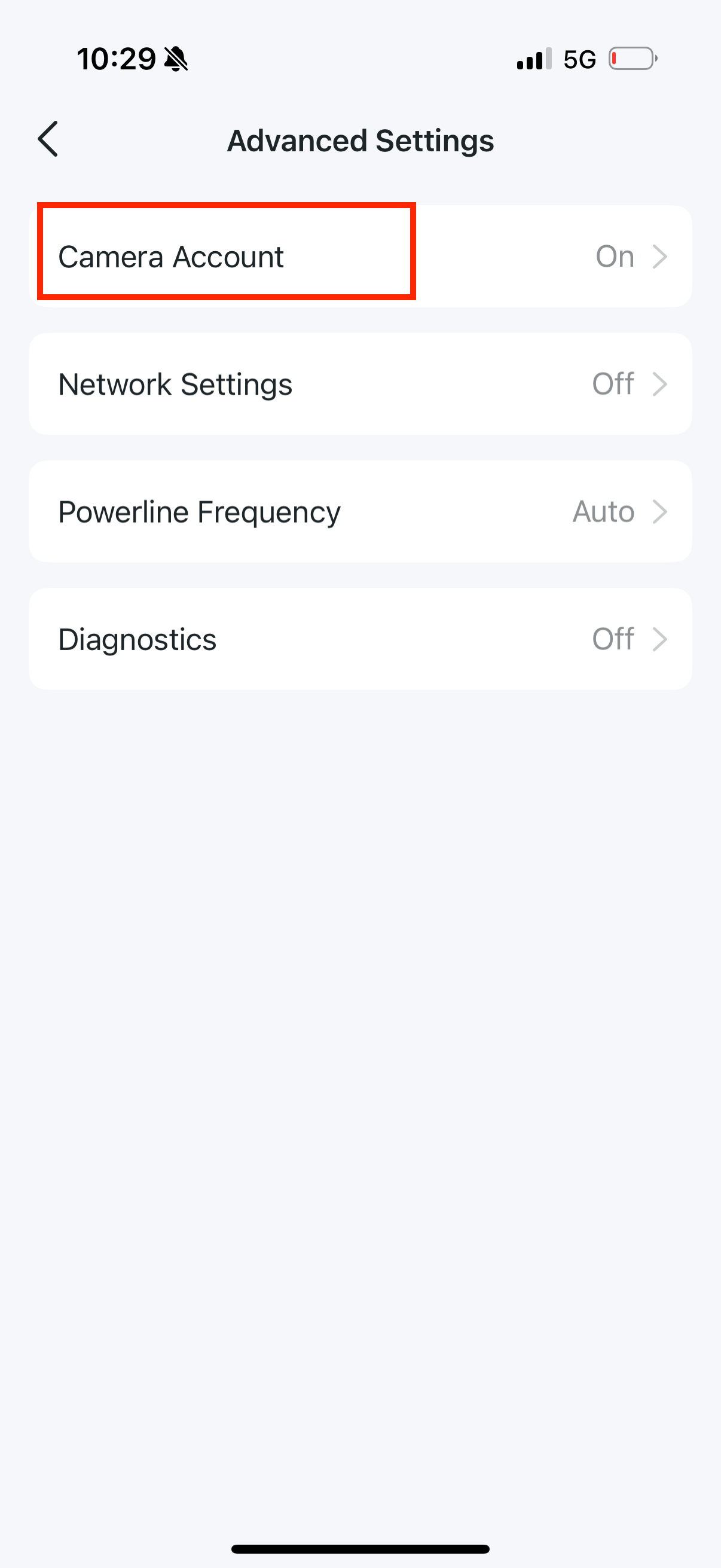 Camera account settings