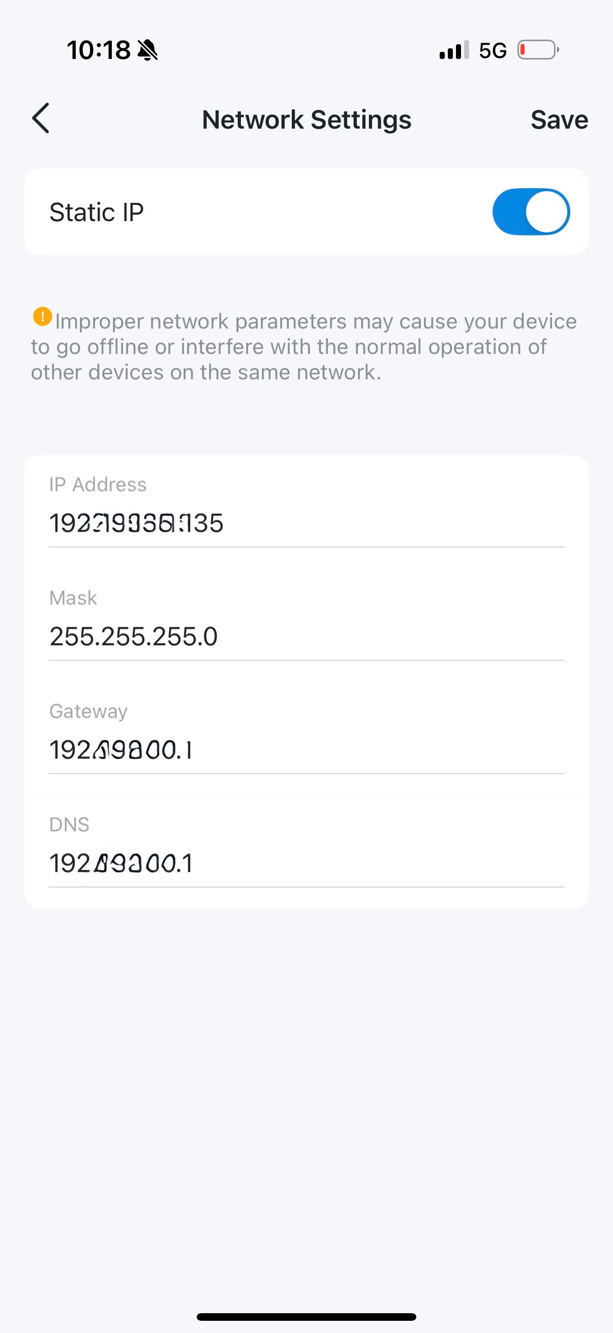 Enable static IP and set IP address